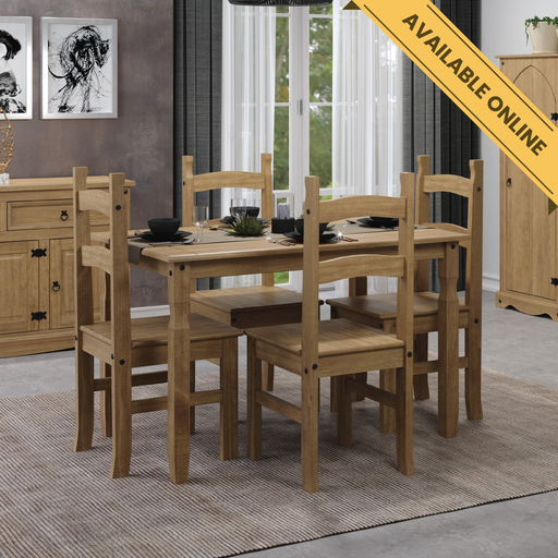 Sturdy rectangular dining ensemble made from long-lasting wood, designed to accommodate four and withstand everyday meals; dimensions: 75cm H × 150cm W × 75cm D; weighs 41 kilograms.