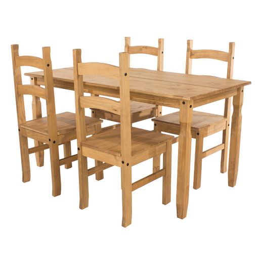 Durable wood dining set including a rectangular table and four chairs, offering a timeless look and reliable performance for regular family gatherings; height 75cm, width 150cm, depth 75cm; combined weight 41kg.