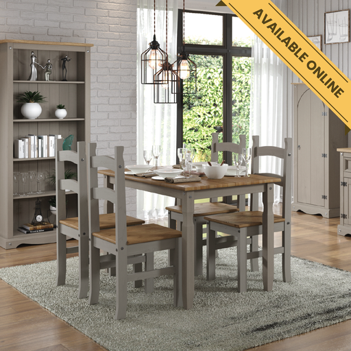 Rustic rectangular dining set including a solid table and four matching chairs, built for everyday family meals; table dimensions: height 75cm, width 118cm, depth 75cm; total weight 39kg.