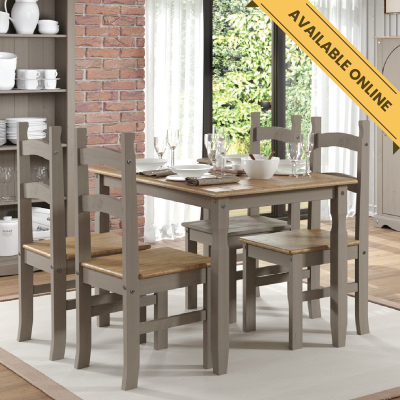 Timeless 4-seater dining set featuring a solid pine rectangular table and four matching chairs, combining classic design with durable construction; table dimensions: height 75cm, width 150cm, depth 75cm; total weight 41kg.