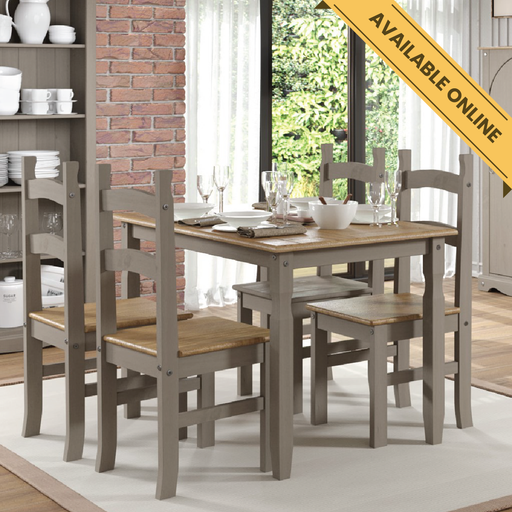 Timeless 4-seater dining set featuring a solid pine rectangular table and four matching chairs, combining classic design with durable construction; table dimensions: height 75cm, width 150cm, depth 75cm; total weight 41kg.