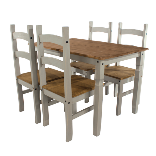Rustic yet refined dining ensemble with a 150cm rectangular table and four chairs, crafted from solid pine for lasting strength; measures 75cm H × 150cm W × 75cm D; weighs 41 kilograms.