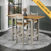 Tall rectangular high bar table with drop leaves (100cm closed, 140cm extended) paired with two matching bar chairs for flexible dining; height 100cm, depth 60cm; total weight 33kg.