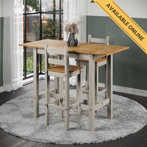 Tall rectangular high bar table with drop leaves (100cm closed, 140cm extended) paired with two matching bar chairs for flexible dining; height 100cm, depth 60cm; total weight 33kg.