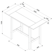 Versatile high dining ensemble with a rectangular drop-leaf table that expands from 100cm to 140cm wide, plus two coordinating bar chairs; height 100cm, depth 60cm; total weight 33kg.