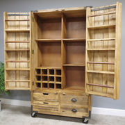 Tall rustic pantry cabinet crafted from solid wood, dimensions 180cm H × 98cm W × 48cm D, weight 92.7kg.
