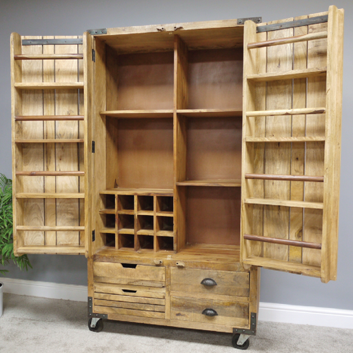 Tall rustic pantry cabinet crafted from solid wood, dimensions 180cm H × 98cm W × 48cm D, weight 92.7kg.