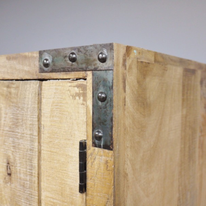 Spacious wooden pantry cupboard with a distressed rustic finish, 180cm tall by 98cm wide by 48cm deep, 92.7kg in weight.