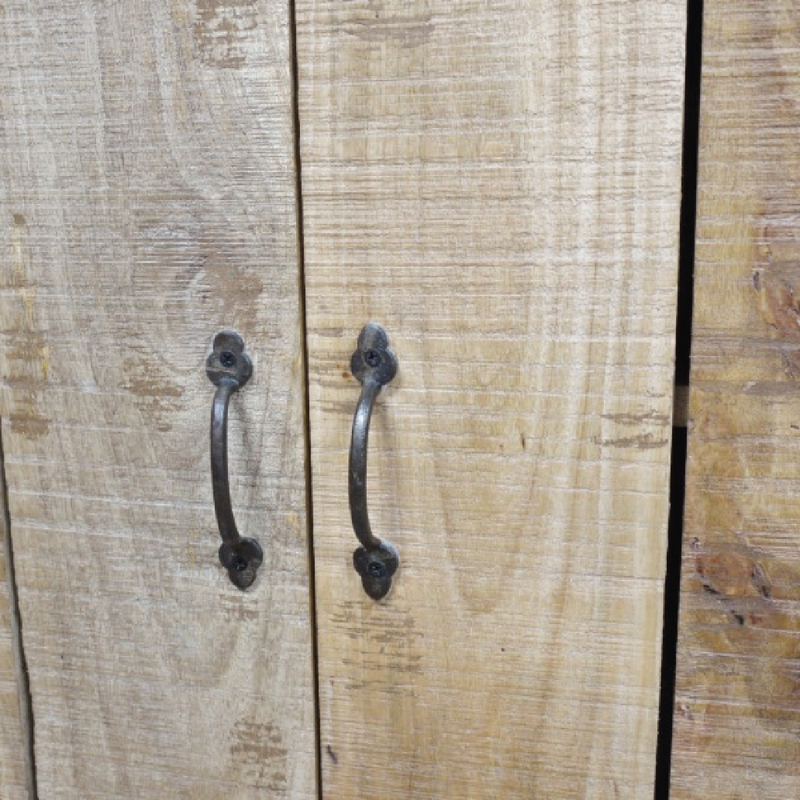 Classic rustic wooden cupboard with ample storage, standing 180cm tall, 98cm wide, 48cm deep, weighing 92.7kg.