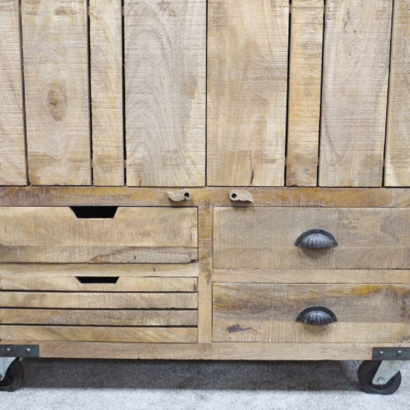 Large freestanding pantry unit in warm rustic wood, dimensions 180cm H x 98cm W x 48cm D, 92.7kg.