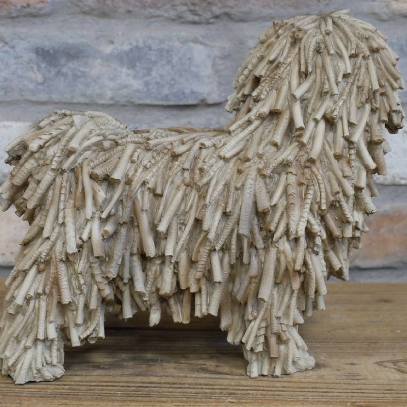 Rustic-chic shaggy dog sculpture, 23cm tall by 27cm wide by 13cm deep, lightweight at 0.92kg.