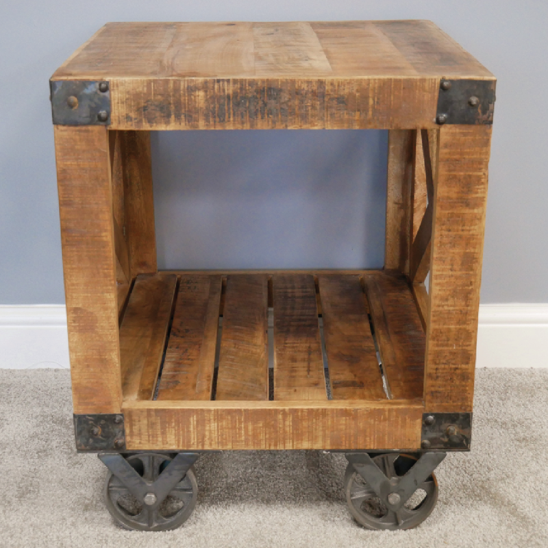 Square industrial side table with a sturdy cube design, dimensions 60cm H × 50cm W × 50cm D, weight 15.75kg.