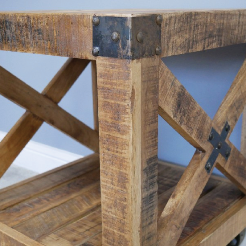 Compact cube-shaped side table in industrial style, 60cm tall with a 50cm by 50cm footprint, 15.75kg in weight.