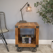 Rustic-modern cube side table made with metal and wood, 60cm high, 50cm wide, 50cm deep, total weight 15.75kg.