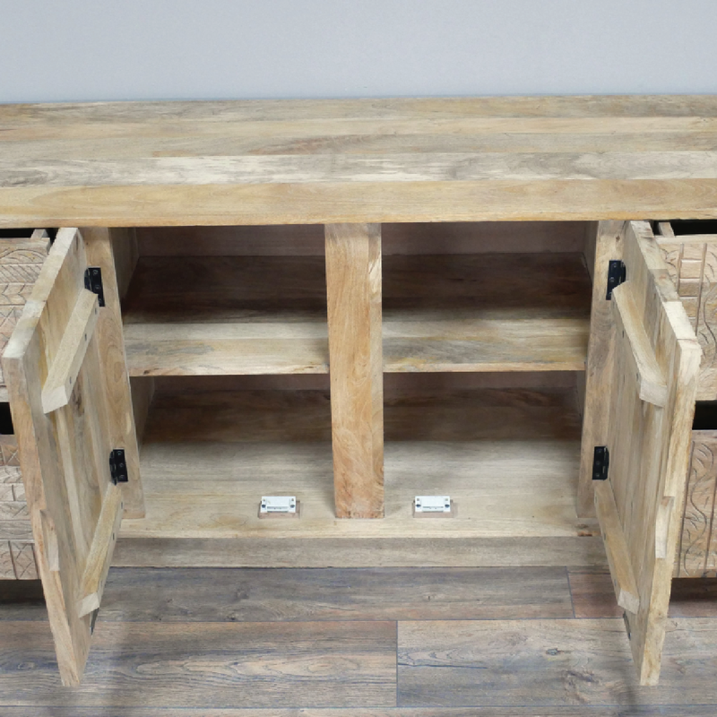 Modern-rustic sideboard with bold geometric carved patterns, 162cm wide by 67cm high by 45cm deep, total weight 48.20kg.