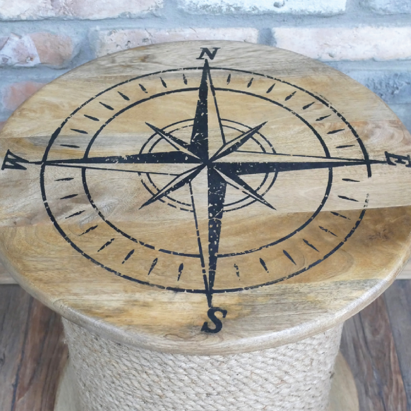 Stylish round side table with rope texture and compass inlay, 55 × 49 × 49cm, total weight 11.2kg, perfect for coastal or eclectic spaces.