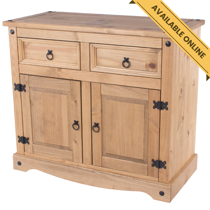 Compact sideboard featuring two drawers and two doors, ideal for organized living spaces; dimensions: height 80.6cm, width 91cm, depth 43cm; weight 25kg.