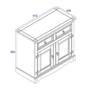 Small two-door, two-drawer sideboard with a sleek design for tidy storage; measures 80.6cm tall, 91cm wide, and 43cm deep; weighs 25 kilograms.