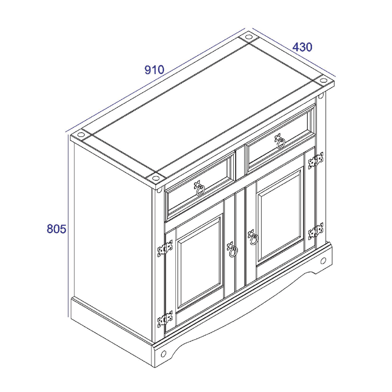 Small two-door, two-drawer sideboard with a sleek design for tidy storage; measures 80.6cm tall, 91cm wide, and 43cm deep; weighs 25 kilograms.