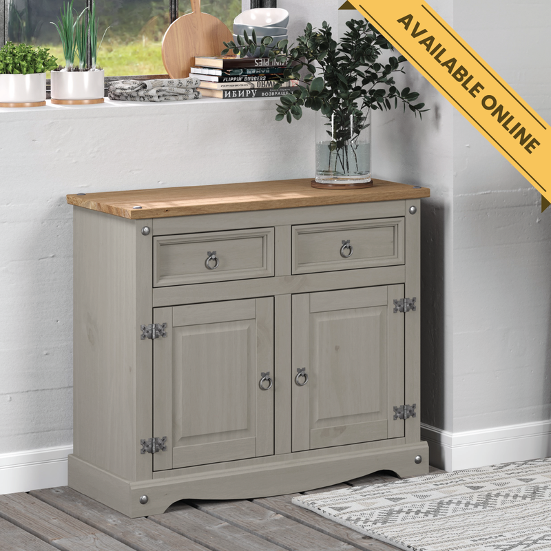 Compact solid pine sideboard with two drawers and two doors, offering smart storage for smaller spaces; height 80.6cm, width 91cm, depth 43cm; weight 24.5kg.