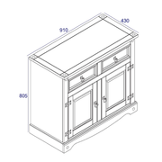 Stylish two-door, two-drawer sideboard in solid pine, designed to maximize function in compact rooms; measures 80.6cm tall, 91cm wide, and 43cm deep; total weight 24.5kg.
