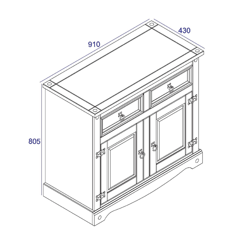 Stylish two-door, two-drawer sideboard in solid pine, designed to maximize function in compact rooms; measures 80.6cm tall, 91cm wide, and 43cm deep; total weight 24.5kg.