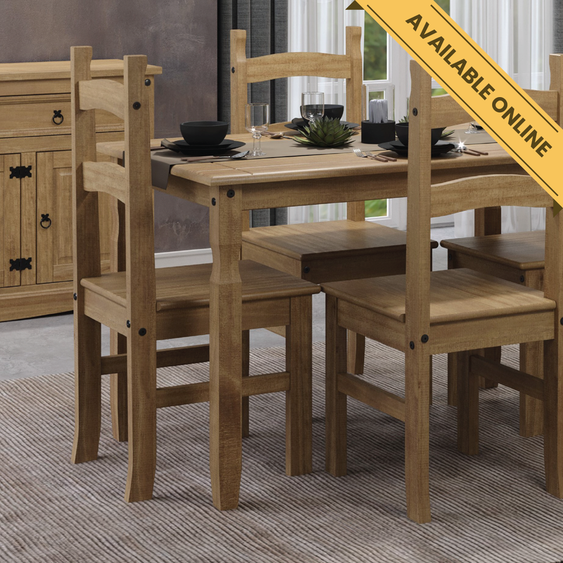 Pair of solid pine dining chairs with rustic charm and natural wood finish, 100cm high, 41.5cm wide, 48cm deep, total weight 12.5kg.