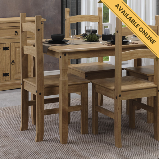 Pair of solid pine dining chairs with rustic charm and natural wood finish, 100cm high, 41.5cm wide, 48cm deep, total weight 12.5kg.