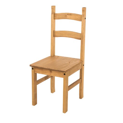 Set of two natural pine dining chairs with a sturdy build and timeless rustic look, 100cm tall by 41.5cm wide by 48cm deep, 12.5kg total.