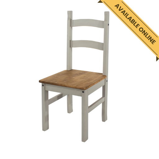 Pair of solid pine dining chairs offering natural warmth and sturdy construction; height 100cm, width 41.5cm, depth 48cm; total weight 12.5kg.