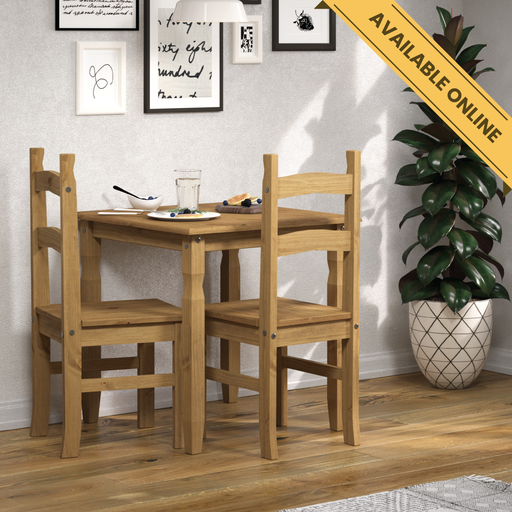 Compact square dining set featuring a solid wood table and two matching chairs, perfect for small spaces; height 75cm, width 75cm, depth 75cm; total weight 24.5kg.