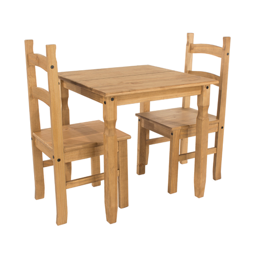 Cosy two-seater dining ensemble with a 75cm square table and coordinating chairs, ideal for apartments or breakfast nooks; dimensions: 75cm H × 75cm W × 75cm D; weighs 24.5 kilograms.