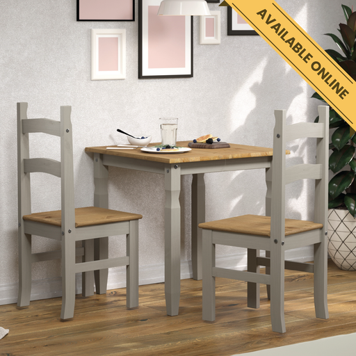 Compact square dining set with a solid wood table and two matching chairs, ideal for small or cosy eating areas; table dimensions: 75cm H × 75cm W × 75cm D; total set weight 24.5kg.