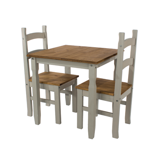 Space-saving dining ensemble featuring a 75cm square table and two chairs, crafted for durability and intimate meals; overall size 75 x 75 x 75cm; weighs 24.5 kilograms.