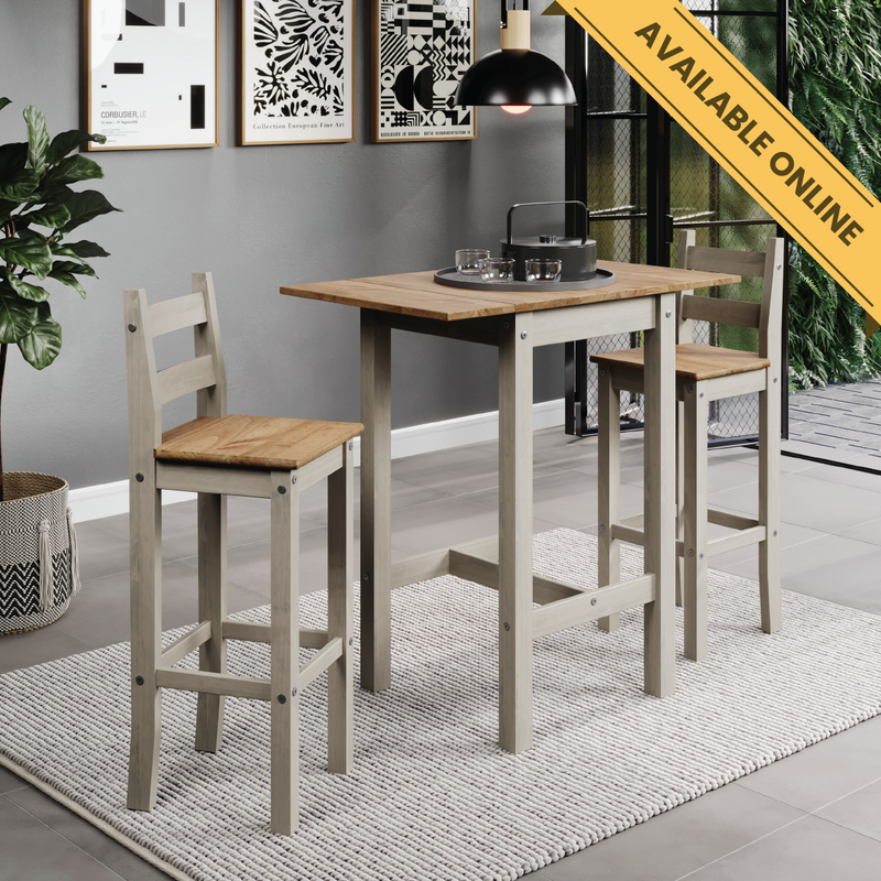 Space-saving high breakfast bar set featuring a square drop-leaf table (60cm closed, 100cm extended) and two matching bar chairs; table height 100cm, depth 60cm; total weight 29kg.