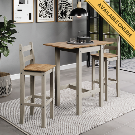 Space-saving high breakfast bar set featuring a square drop-leaf table (60cm closed, 100cm extended) and two matching bar chairs; table height 100cm, depth 60cm; total weight 29kg.