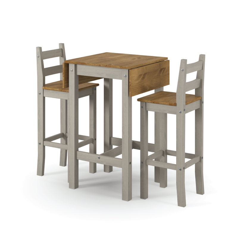 Square high breakfast bar ensemble including a space-efficient drop-leaf table and two coordinating chairs; table measures 100cm tall, 60cm deep, and expands from 60cm to 100cm in width; total weight 29kg.