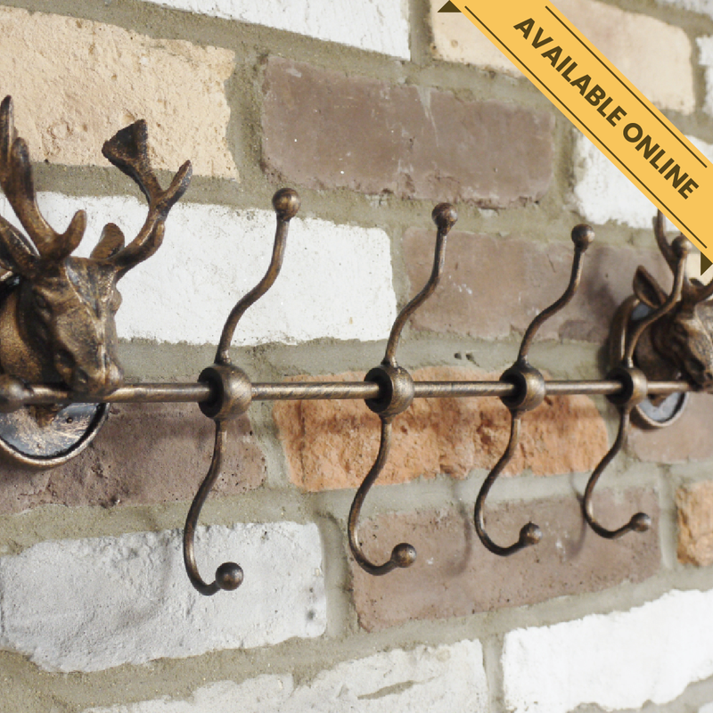 Multi-hook stag coat rack, H:22cm W:50cm D:9cm, Weight:1.5kg.