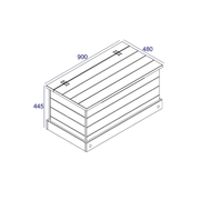 Durable pine storage chest with a hinged lid, ideal for organizing bedding or children's toys, 44.5cm tall by 90.2cm wide by 48cm deep, 15.5kg in weight.