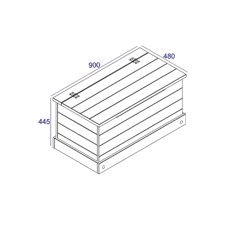 Durable pine storage chest with a hinged lid, ideal for organizing bedding or children's toys, 44.5cm tall by 90.2cm wide by 48cm deep, 15.5kg in weight.