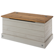 Functional wooden storage chest perfect for organizing household essentials out of sight; measures 44.5cm tall, 90.2cm wide, and 48cm deep; total weight 19kg.