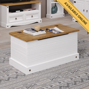 Rustic pine storage trunk ideal for blankets, toys, or seasonal items; height 44.5cm, width 90.2cm, depth 48cm; weight 16kg.