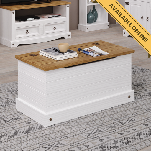 Rustic pine storage trunk ideal for blankets, toys, or seasonal items; height 44.5cm, width 90.2cm, depth 48cm; weight 16kg.