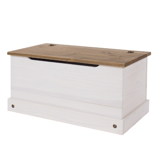 Practical wooden trunk with a classic pine finish, perfect for stowing household essentials out of sight; dimensions: 44.5cm H × 90.2cm W × 48cm D; weighs 16 kilograms.