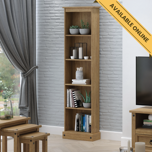 Slender tall bookcase perfect for compact spaces, offering a classic look and sturdy design; height 176cm, width 46cm, depth 20cm; weight 11.5kg.