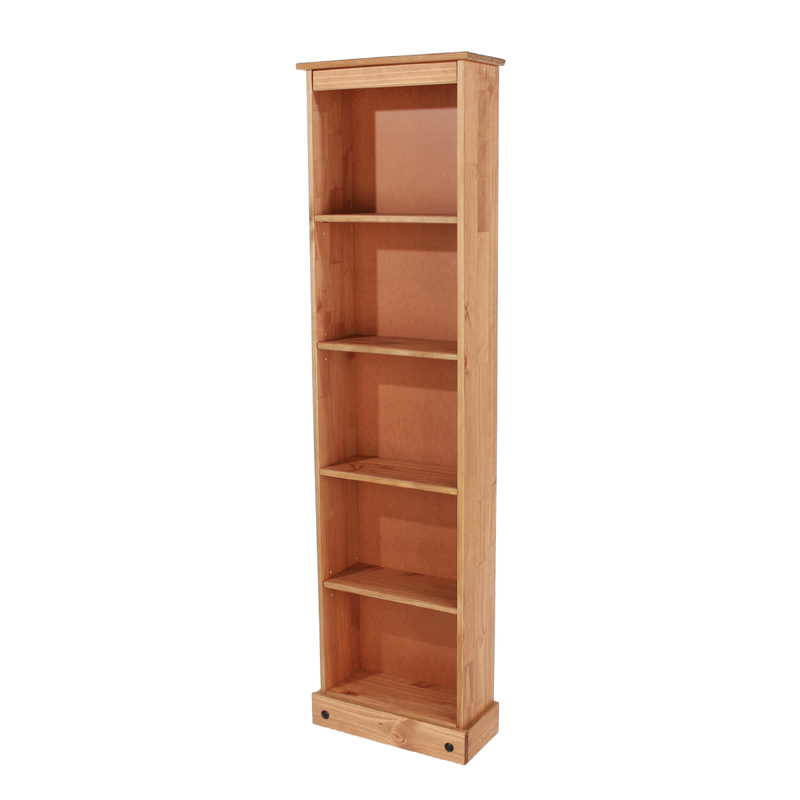 Space-saving narrow bookshelf with a timeless aesthetic, ideal for tight corners or hallways; dimensions: 176cm high, 46cm wide, 20cm deep; weighs 11.5 kilograms.