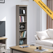 Slender tall bookcase designed to fit in narrow spaces like hallways or tight corners; height 176cm, width 46cm, depth 20cm; weight 11.5kg.