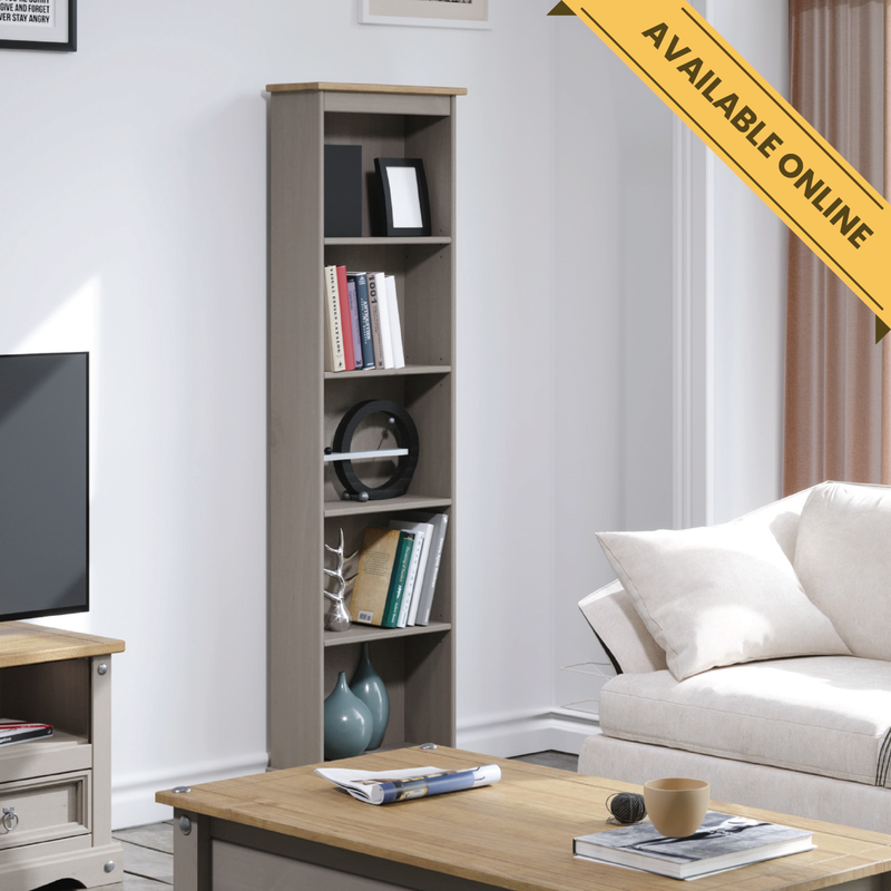 Slender tall bookcase designed to fit in narrow spaces like hallways or tight corners; height 176cm, width 46cm, depth 20cm; weight 11.5kg.