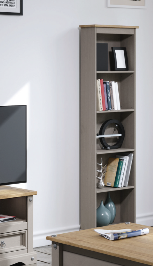 Slender tall bookcase designed to fit in narrow spaces like hallways or tight corners; height 176cm, width 46cm, depth 20cm; weight 11.5kg.