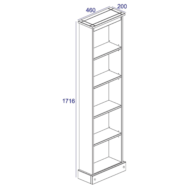 Tall and narrow shelving unit perfect for displaying books or décor in confined spaces; measures 176cm tall, 46cm wide, and 20cm deep; total weight 11.5kg.